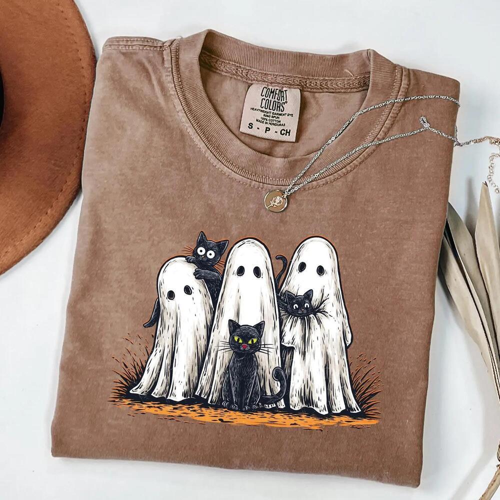 Halloween Black Cat & Ghost S Shirt, Halloween Ghost Tshirt